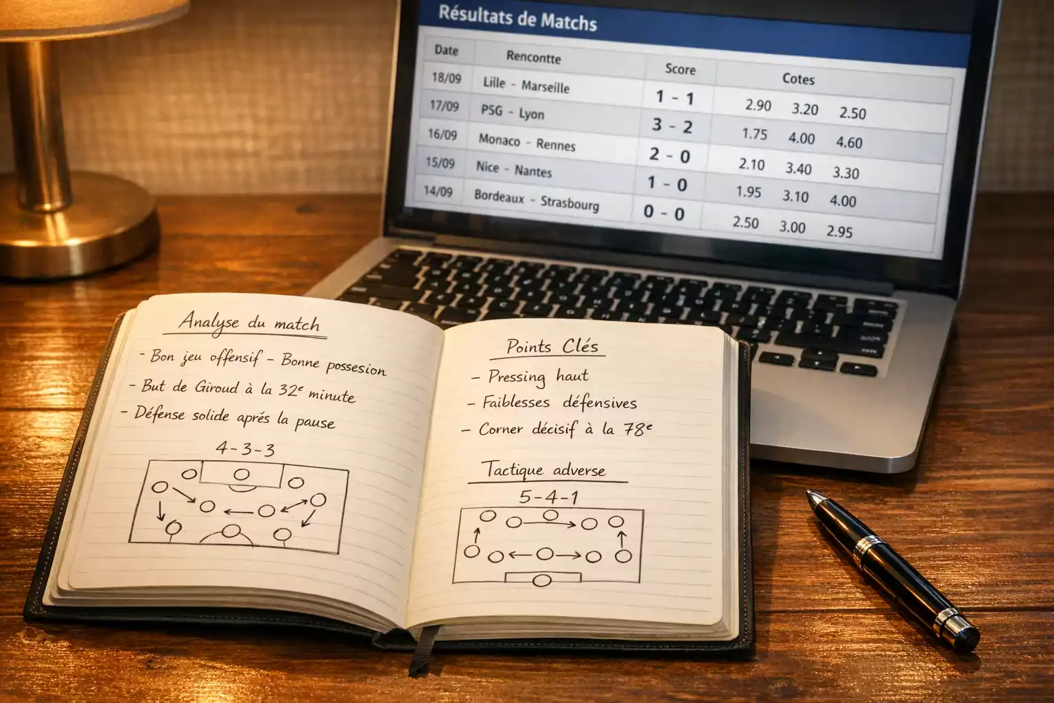 Carnet de notes avec analyses de matchs et stylo sur un bureau