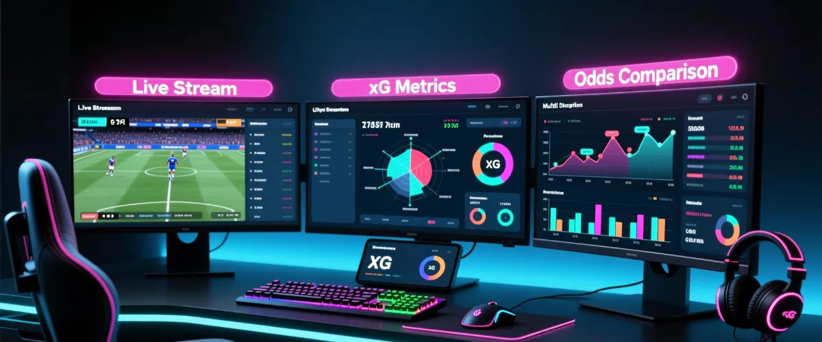Setup professionnel multi-écrans pour le live betting avec statistiques et analyses