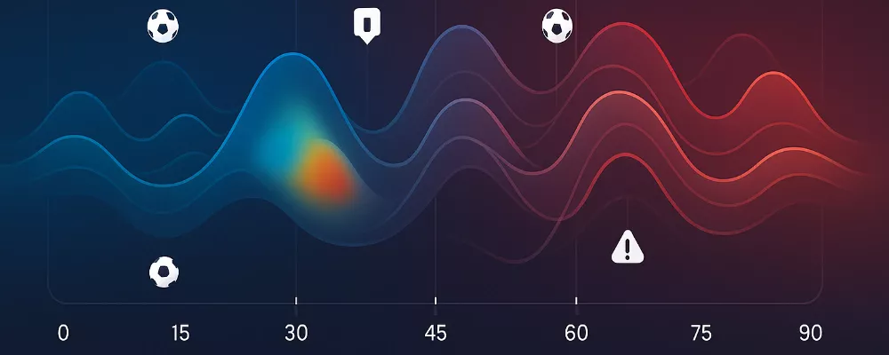 Timeline des phases et momentum d'un match de football avec intensité variable