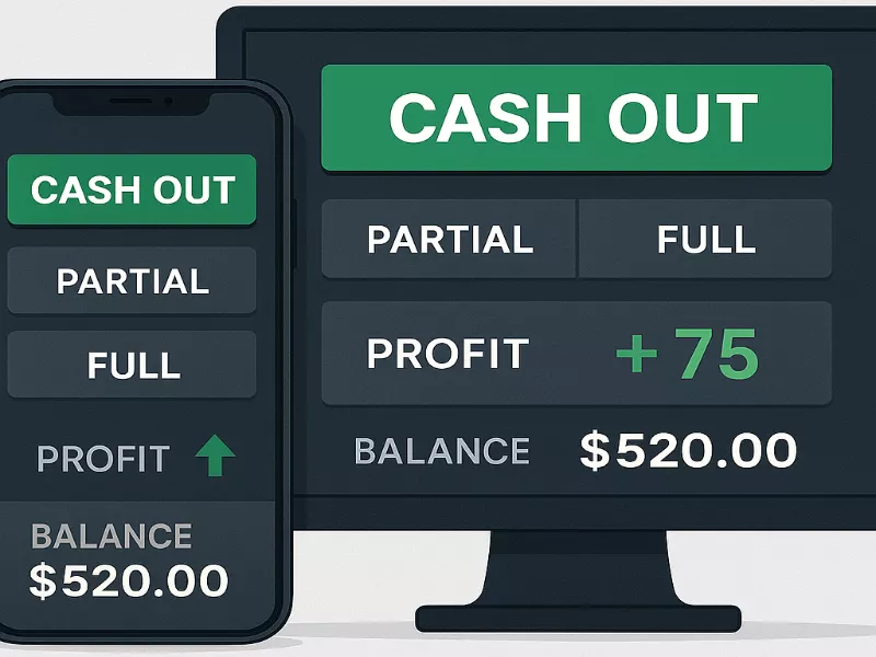 Interface de cash-out avec options partielles et calcul de profits en temps réel
