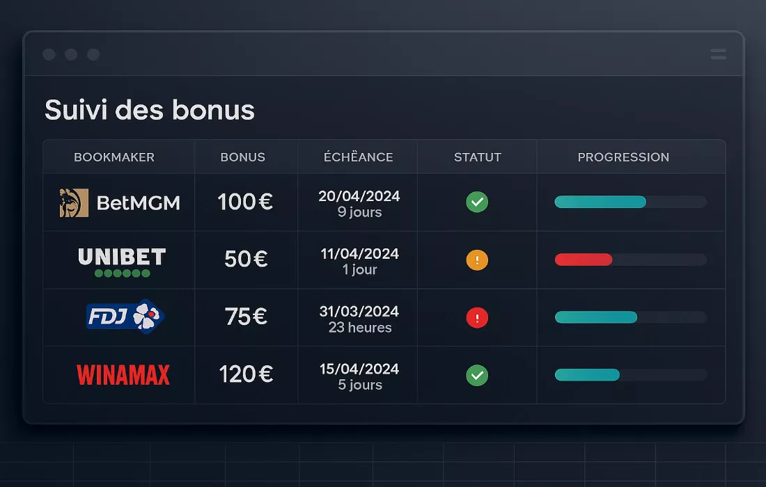 Dashboard de suivi des bonus avec colonnes bookmakers, montants, dates d'expiration et statuts