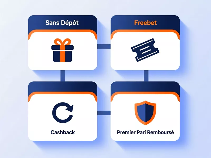 Infographie des 4 types de bonus bookmakers : sans dépôt, freebet, cashback et premier pari remboursé