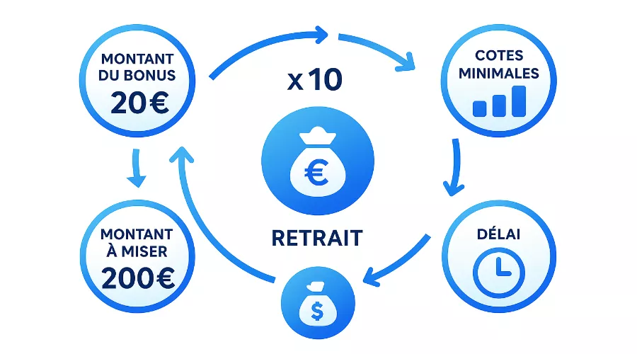 Schéma explicatif des conditions de mise wagering requirements avec processus en 5 étapes